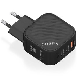 Aisens Cargador GaN 65W con 2xUSB-C PD3.0 QC4.0 y 1xUSB-A QC3.0 Negro